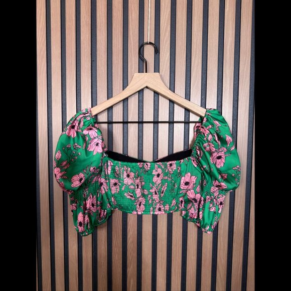 New Zara Crop Top XS Womens Green Satin Smocked Puff Sleeve Square Neck Floral - Picture 2 of 7